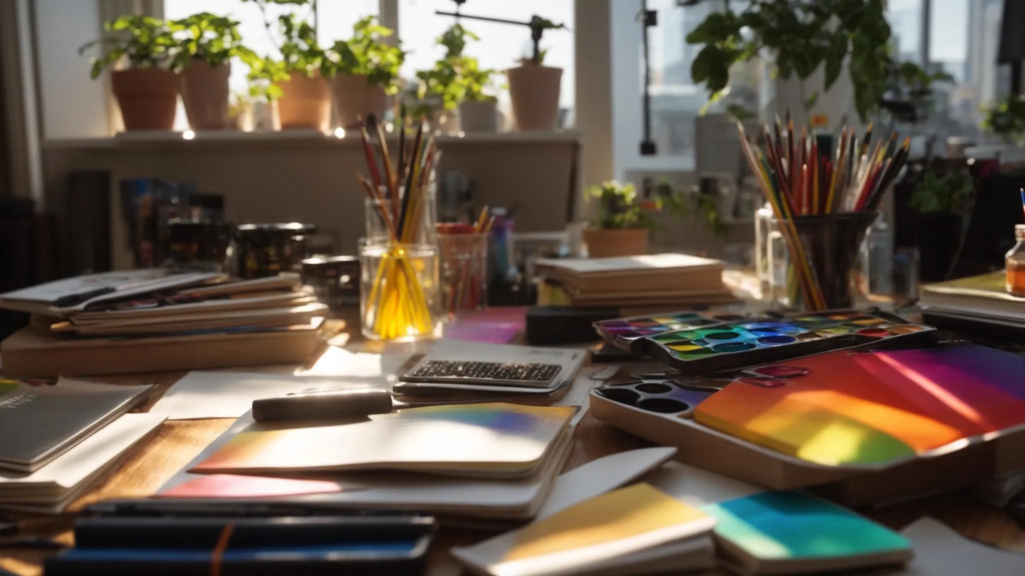 a vibrant, sunlit workspace filled with colorful art supplies and scattered notebooks, inviting creativity and inspiration for exploring new seed topics.