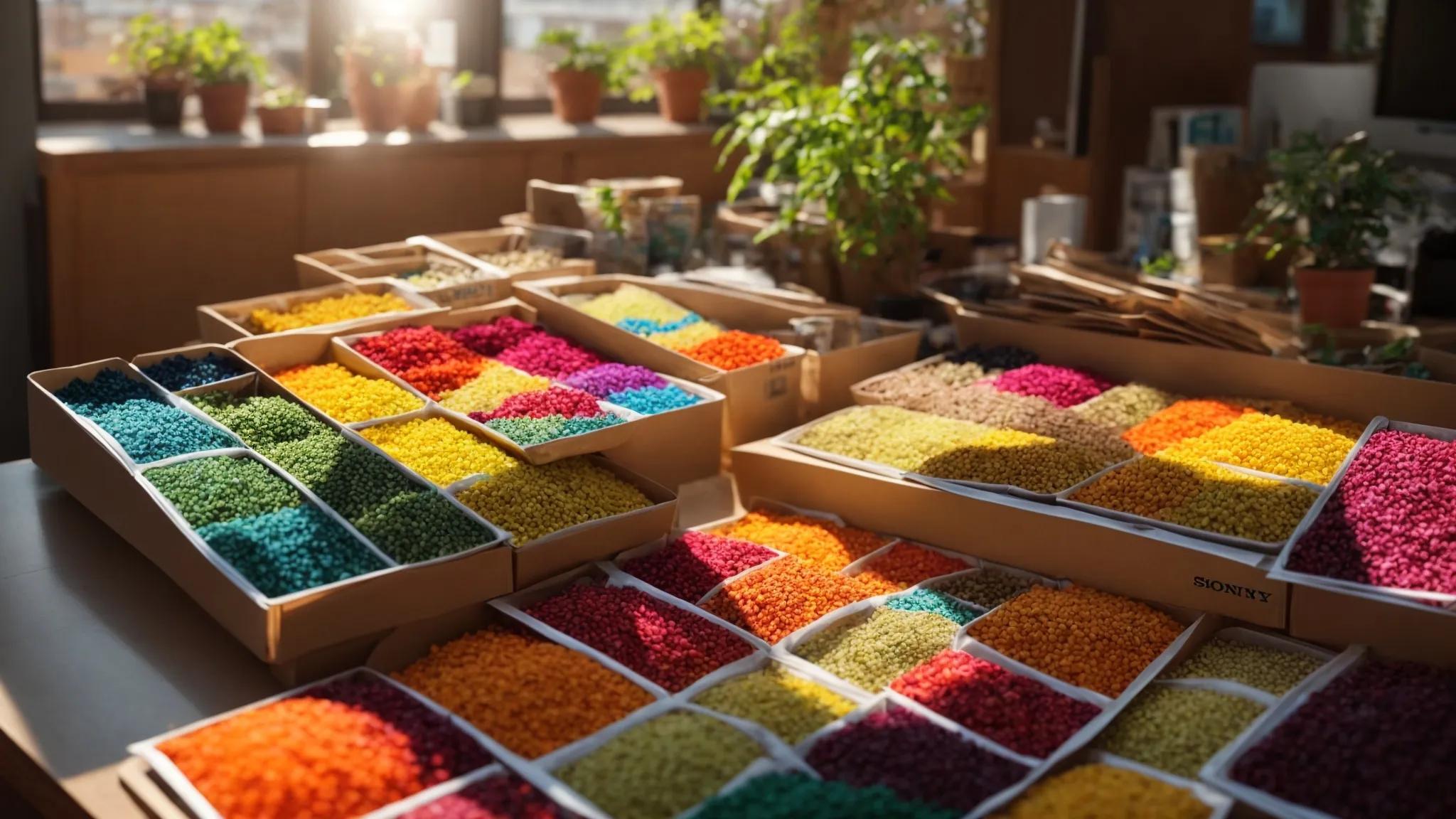 a vibrant, sunlit workspace is filled with an array of colorful seed packets, inspiring a sense of boundless creativity and the excitement of selecting new topics for exploration.