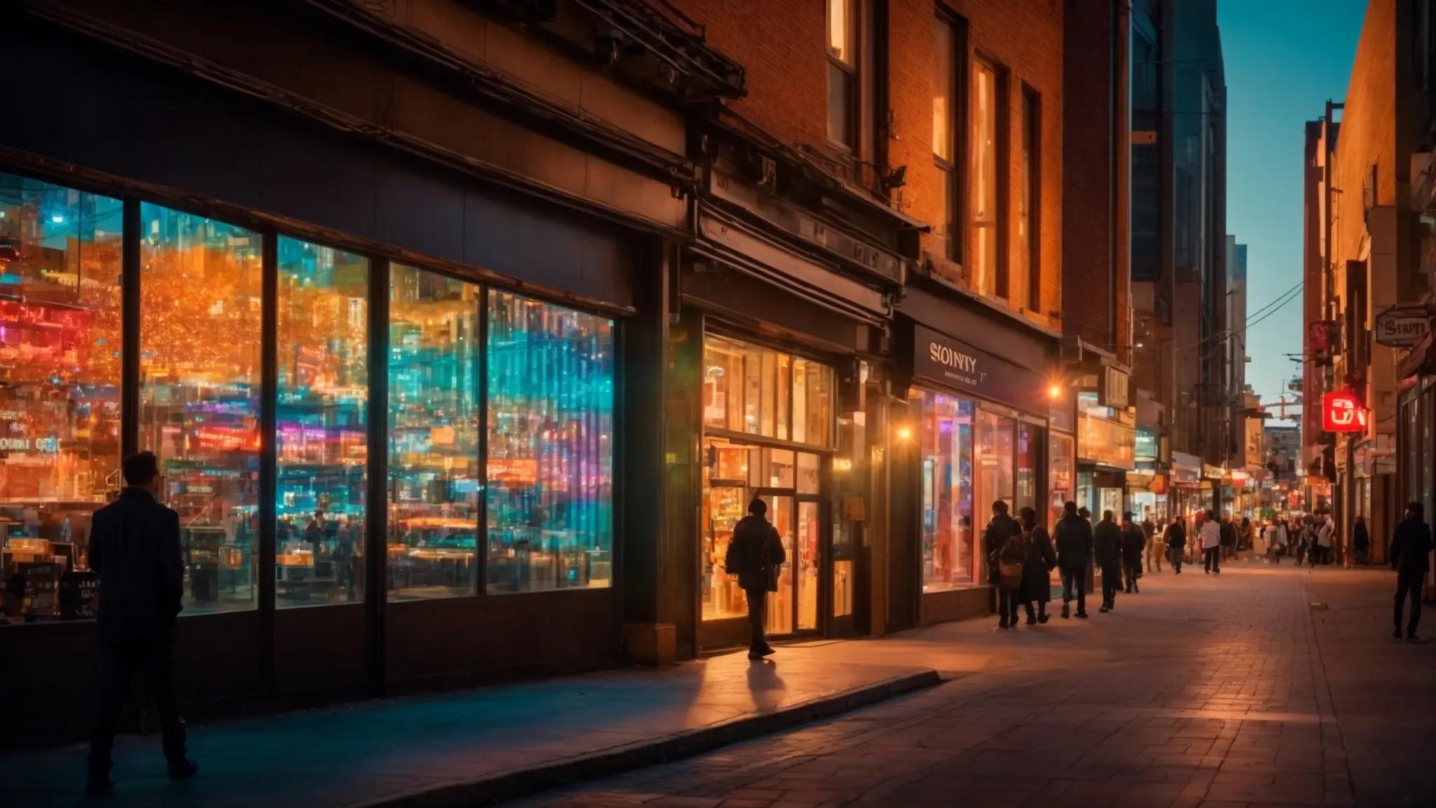 a vibrant urban street scene showcases a bustling business district, illuminated by warm sunlight reflecting off storefronts, while abstract heatmap visuals overlay the sidewalks, indicating a surge of customer engagement and activity.