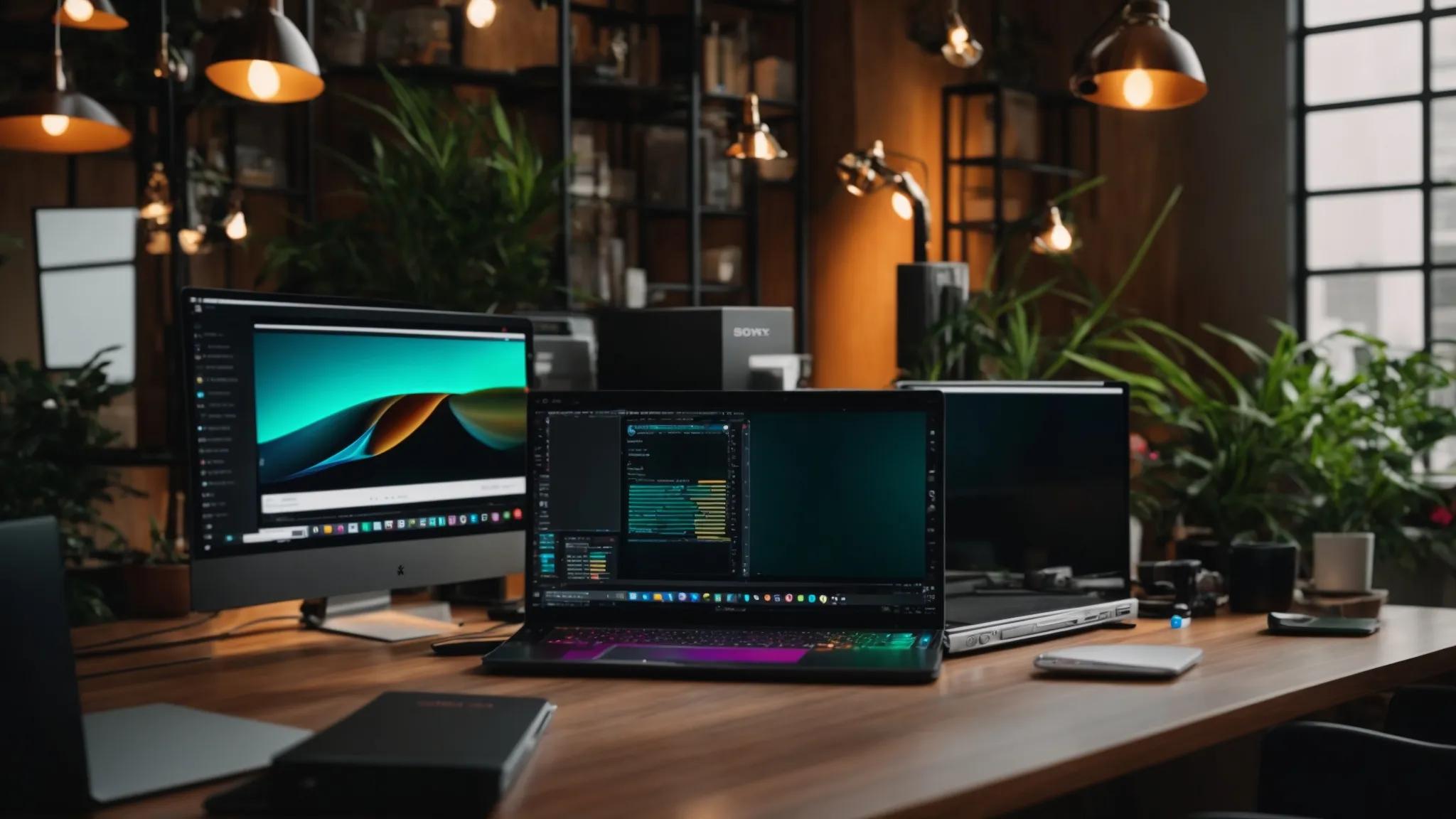 a vibrant workspace adorned with sleek laptops and colorful seo tools, showcasing the energy of digital marketing and the promise of unlocking potential for beginners.