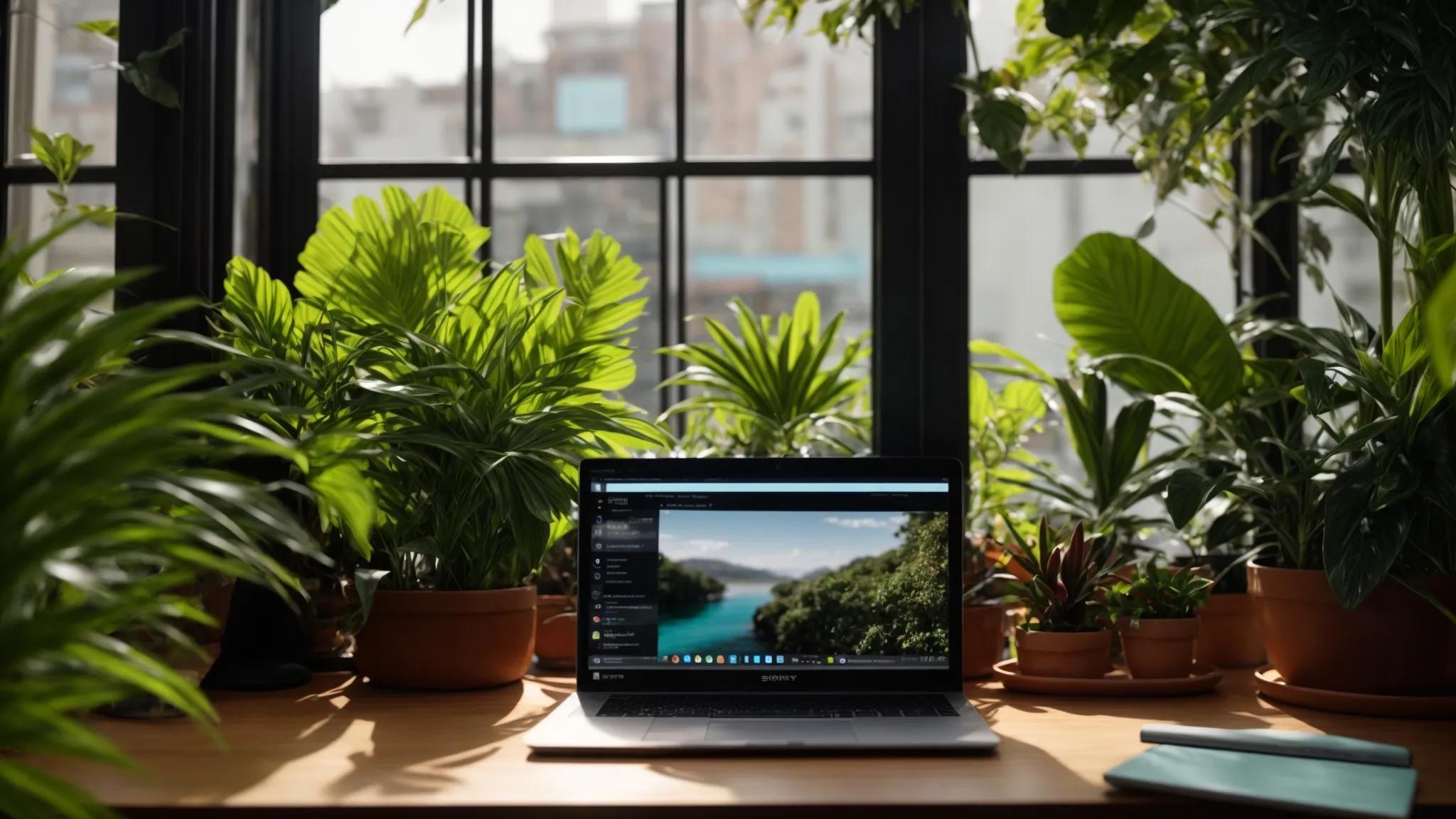 a vibrant workspace bathed in natural light, featuring an open laptop displaying a colorful seo dashboard, surrounded by lush plants and notebooks, conveying an atmosphere of focused creativity and potential.