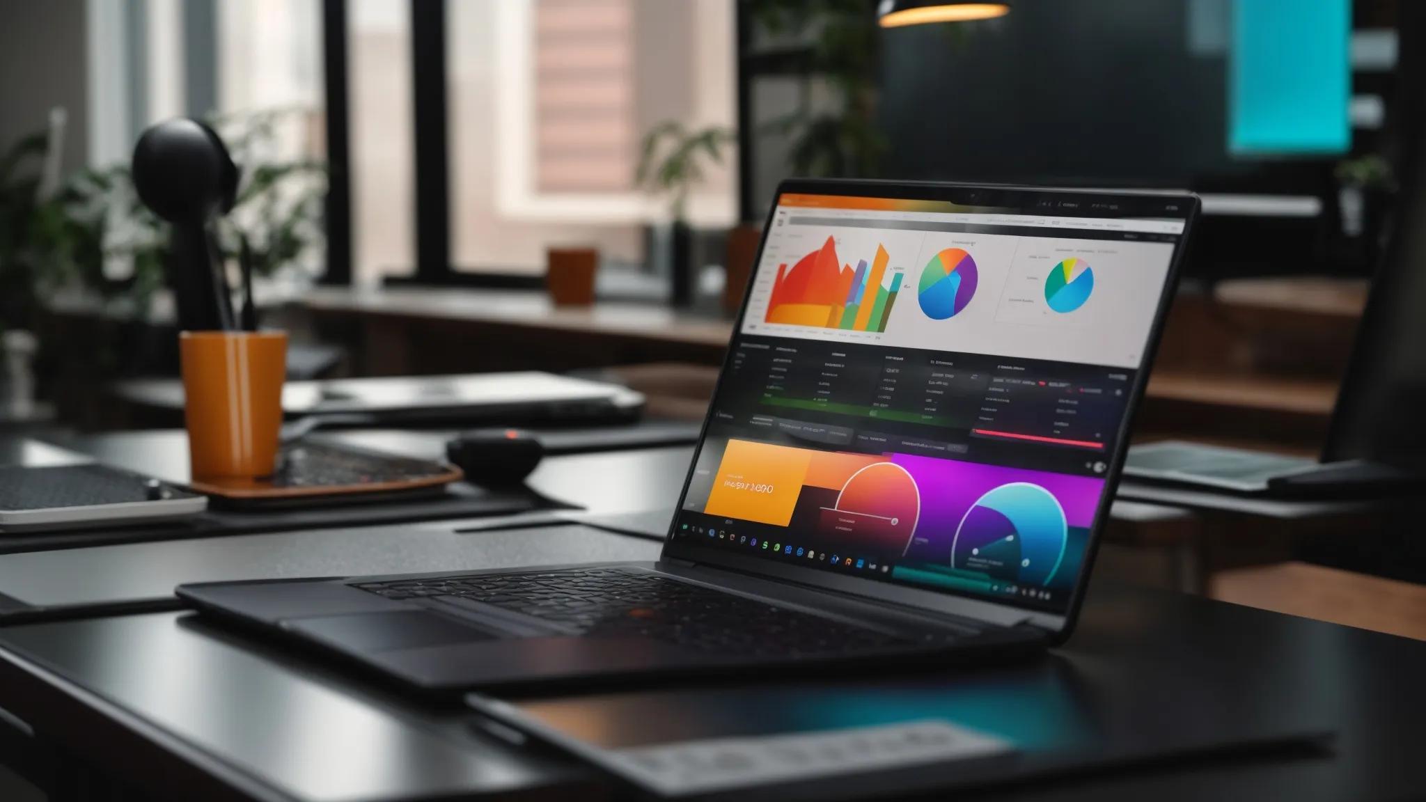 a vibrant workspace featuring a sleek laptop displaying a well-organized seo dashboard, surrounded by colorful charts and analytics, illuminated by soft natural light, symbolizing the unlocking of digital marketing potential.