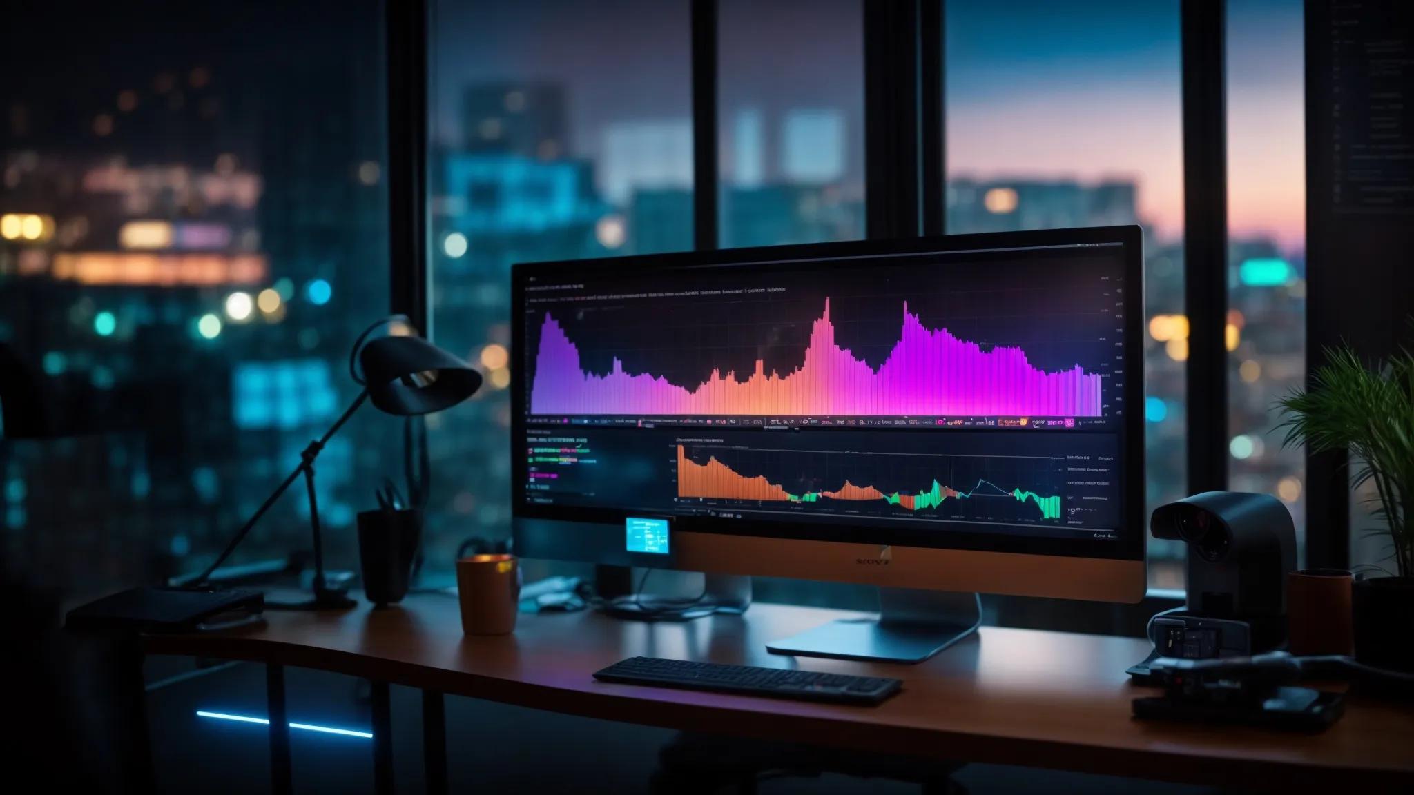 a vibrant workspace filled with digital analytics graphs glowing on a computer screen, symbolizing the path to unlocking success through effective seo analysis.