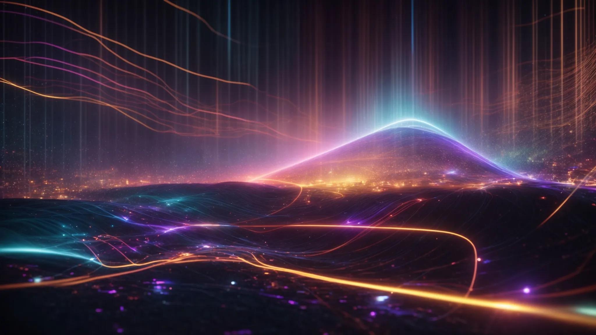 a visually captivating scene of a glowing digital landscape filled with vibrant, flowing data streams and interconnected nodes, symbolizing the dynamic synergy between seo and ai content for brand empowerment.