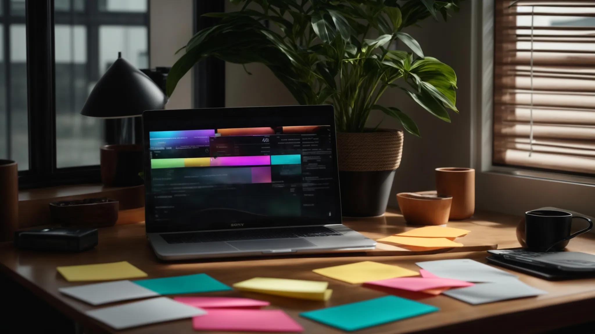 a visually captivating scene of a serene workspace featuring an open laptop displaying an organized seo dashboard, surrounded by colorful sticky notes and a potted plant, emphasizing the theme of effective keyword strategy without clutter.