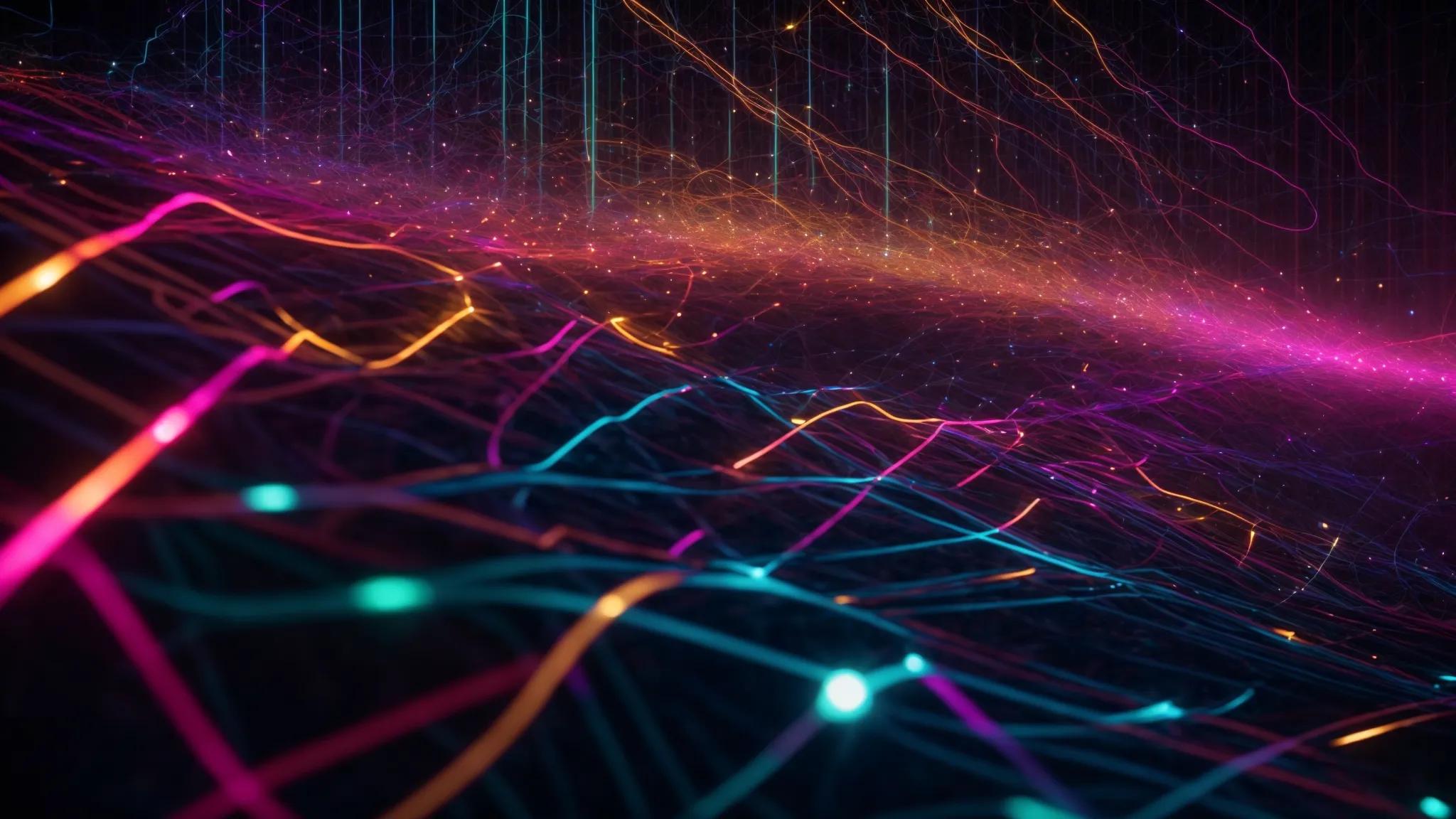 a visually striking scene depicting a vibrant digital landscape of interconnected links, with url threads glowing in contrasting colors to symbolize the dynamic tension between dofollow and nofollow choices in seo strategy.