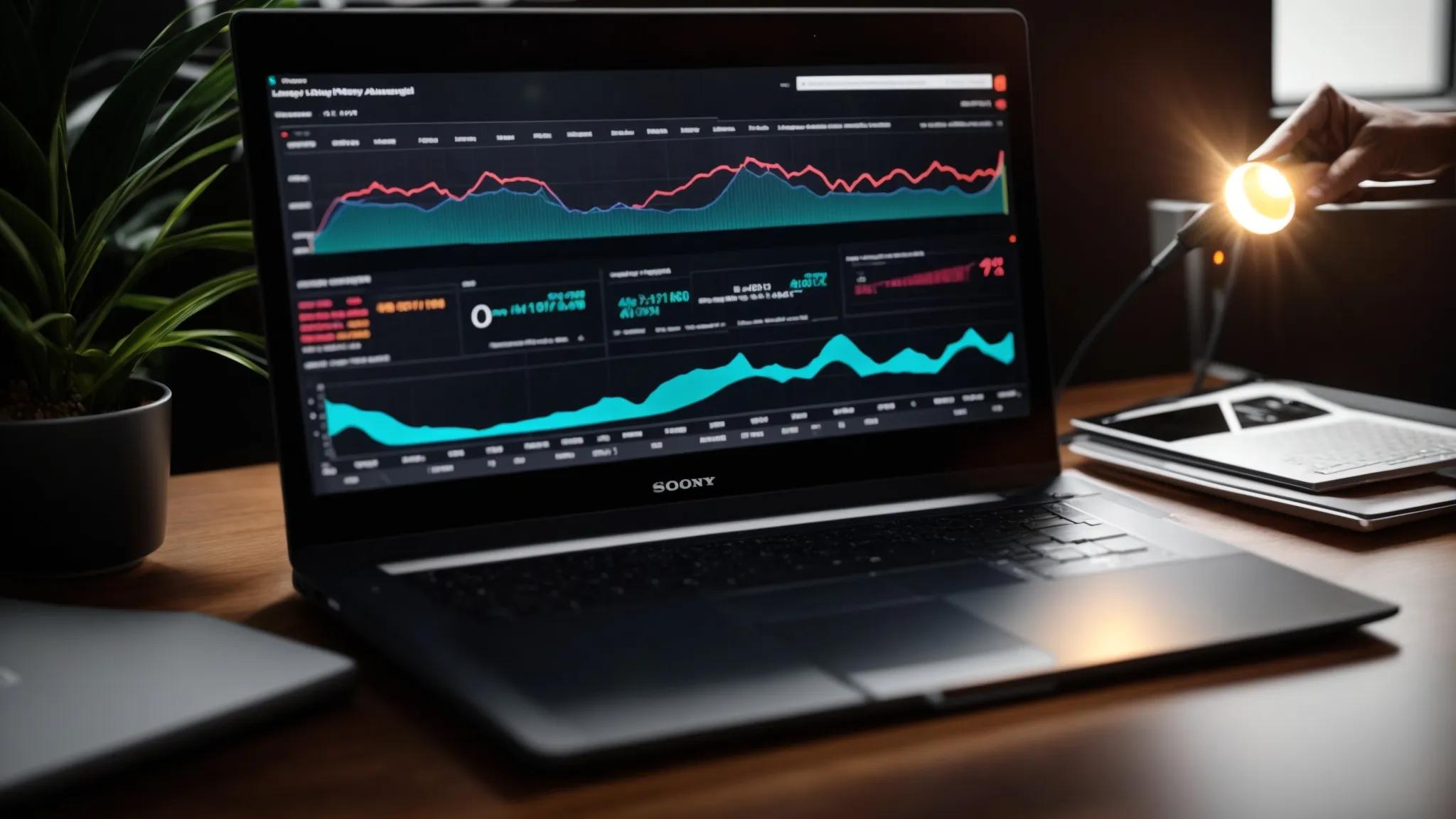 a visually striking workspace, illuminated by soft natural light, features a sleek laptop displaying colorful graphs and analytics data on a clean desk, symbolizing the ease of discovering backlinks in google analytics.