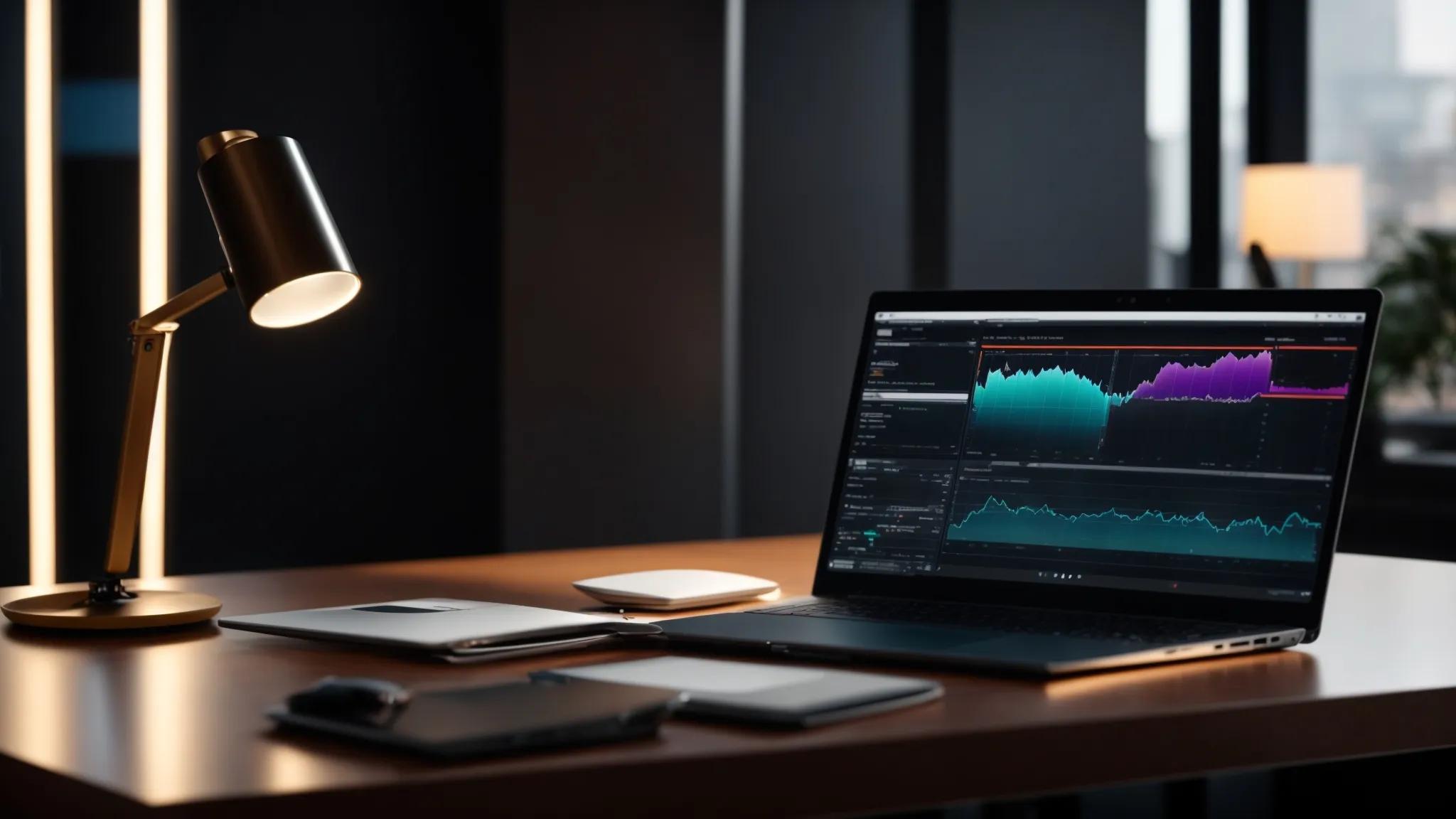 a visually striking workspace with a sleek laptop displaying an intricate backlink analysis chart, illuminated by soft, focused lighting that enhances the modern and analytical atmosphere.