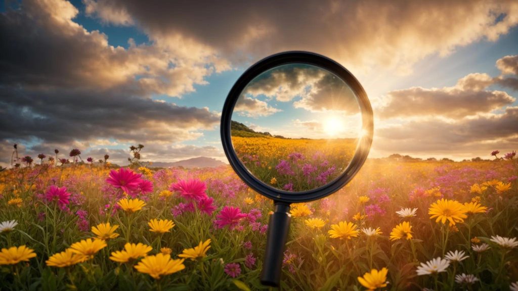 a vivid landscape of a magnifying glass hovering over a vibrant, lush green field of diverse flowers, each representing unique niche keywords, illuminated by golden sunlight filtering through soft clouds.