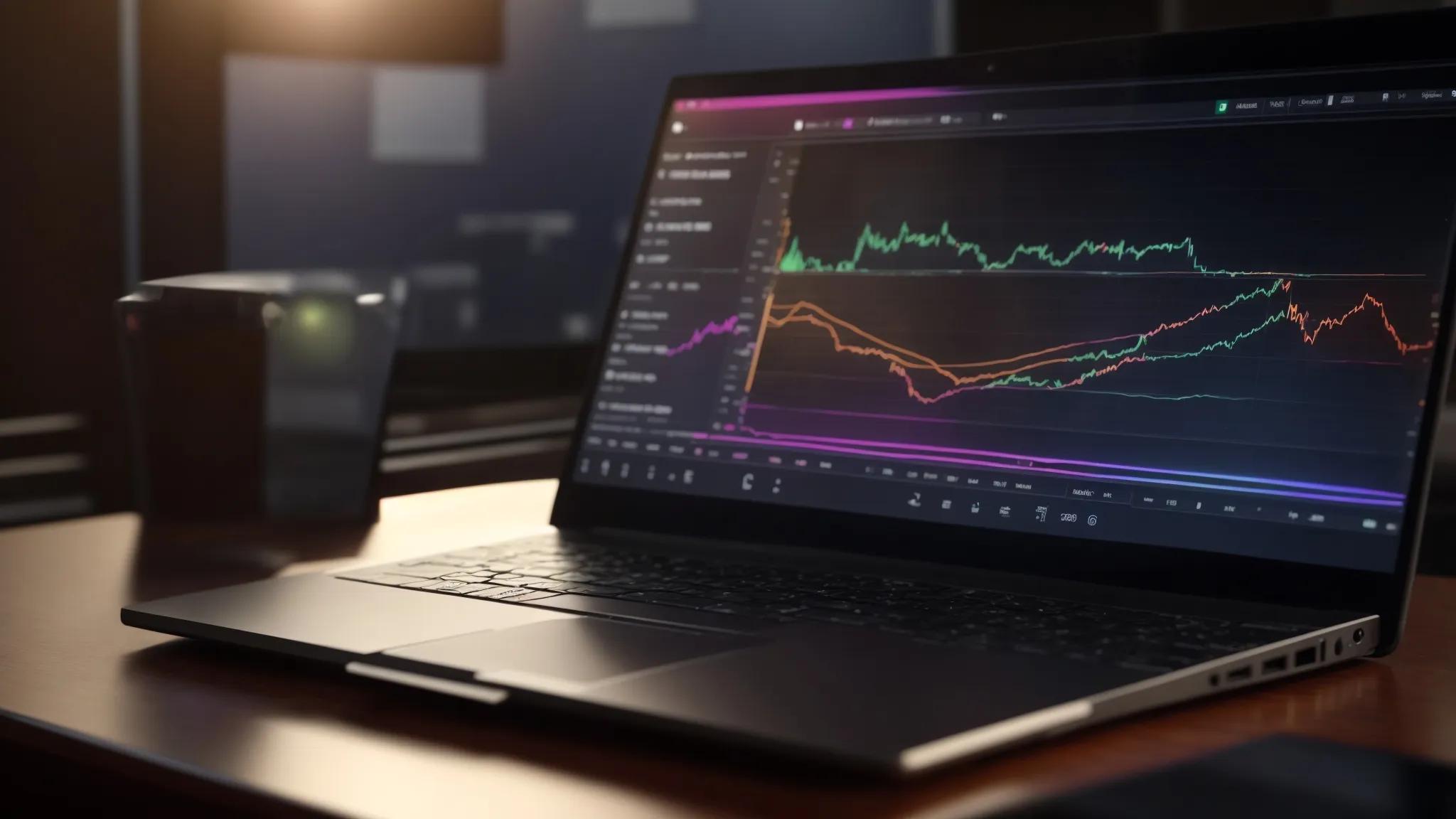 an elegant computer desk bathed in soft, ambient light showcases a sleek laptop displaying vibrant graphs and analytics, symbolizing the potent synergy between modern technology and website success through an seo-friendly cms.