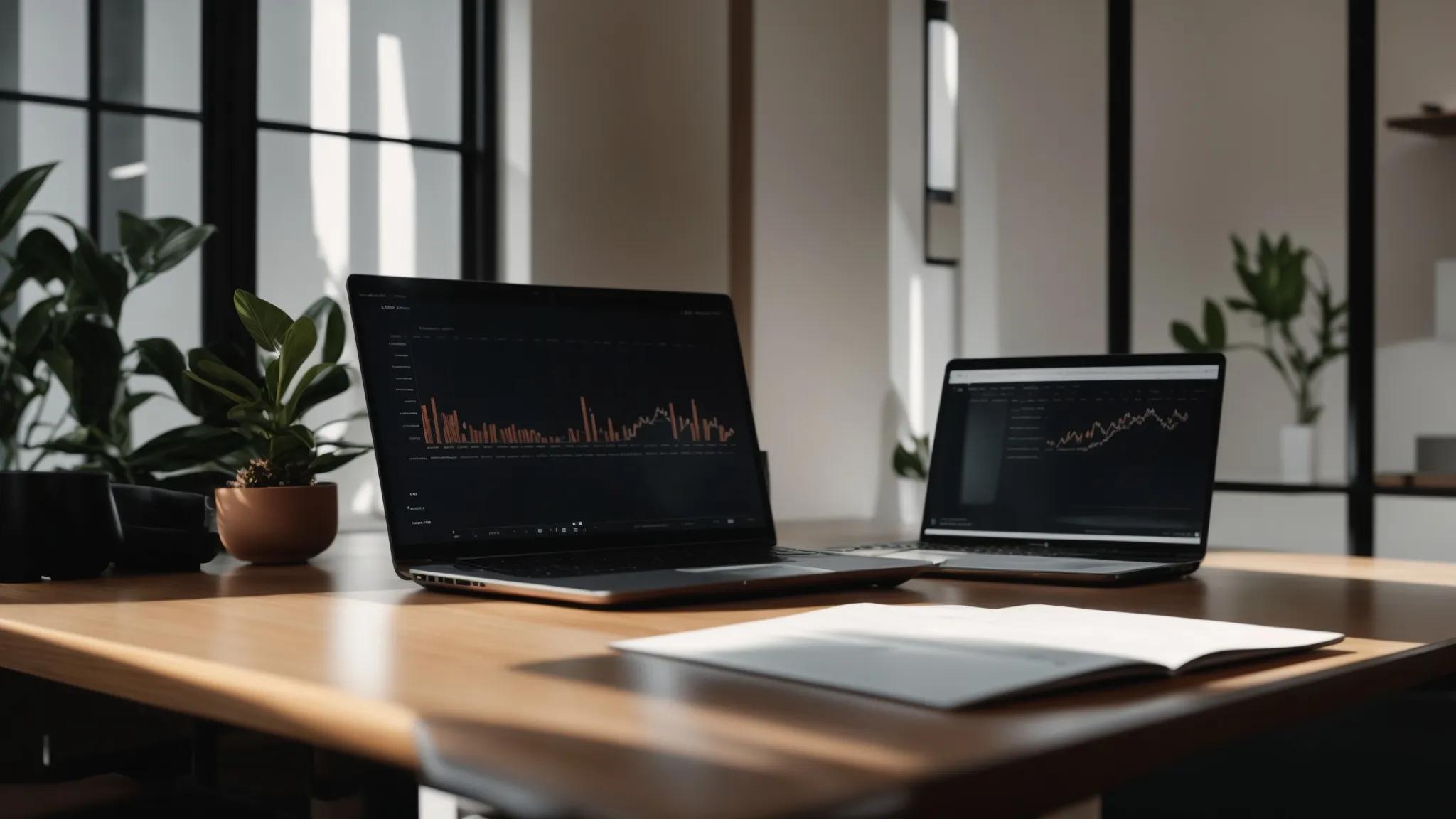 an expansive, serene workspace illuminated by soft natural light, showcasing a sleek laptop and dynamic charts on a minimalist desk, symbolizing the potential for success through strategic keyword research.