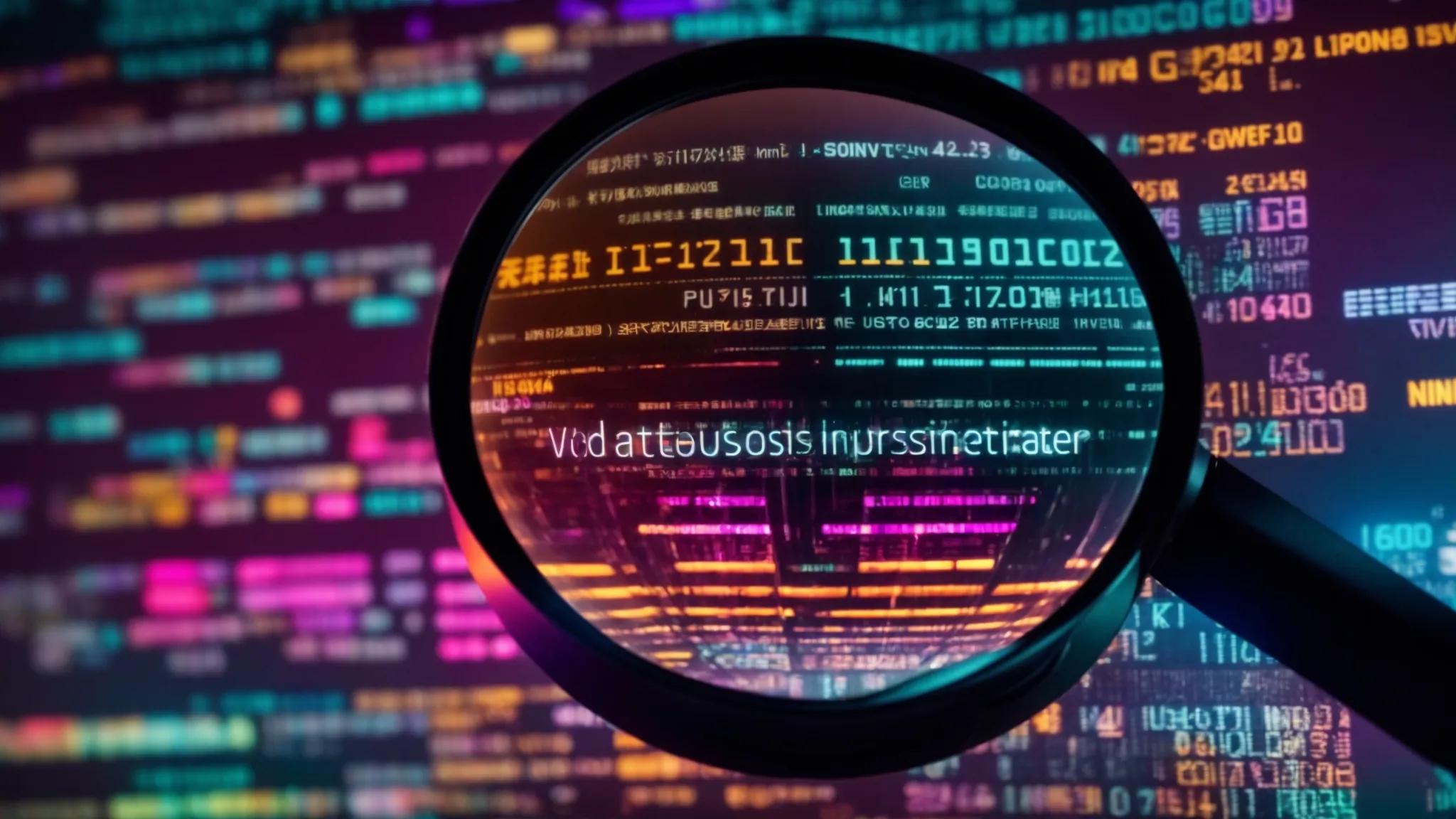 an intense, high-contrast close-up of a magnifying glass hovering over a glowing digital screen filled with colorful keywords, symbolizing the pursuit of uncovering competitors' secrets in a sleek, modern environment.