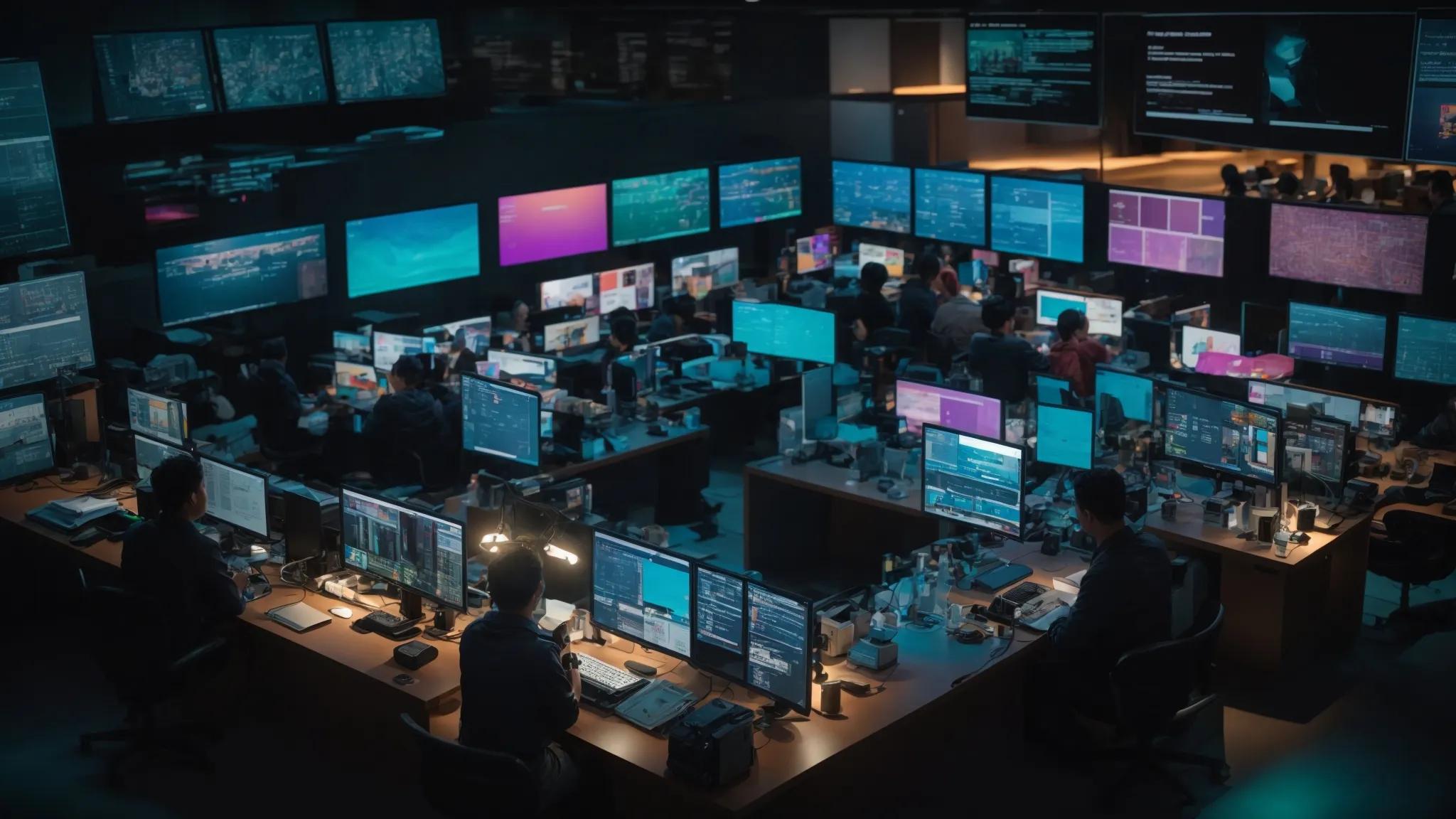 an intriguing overhead shot of a digital workspace, illuminated by a soft glow from multiple screens displaying colorful keyword analytics, symbolizing the uncovering of competitors' secrets in a dynamic and competitive environment.