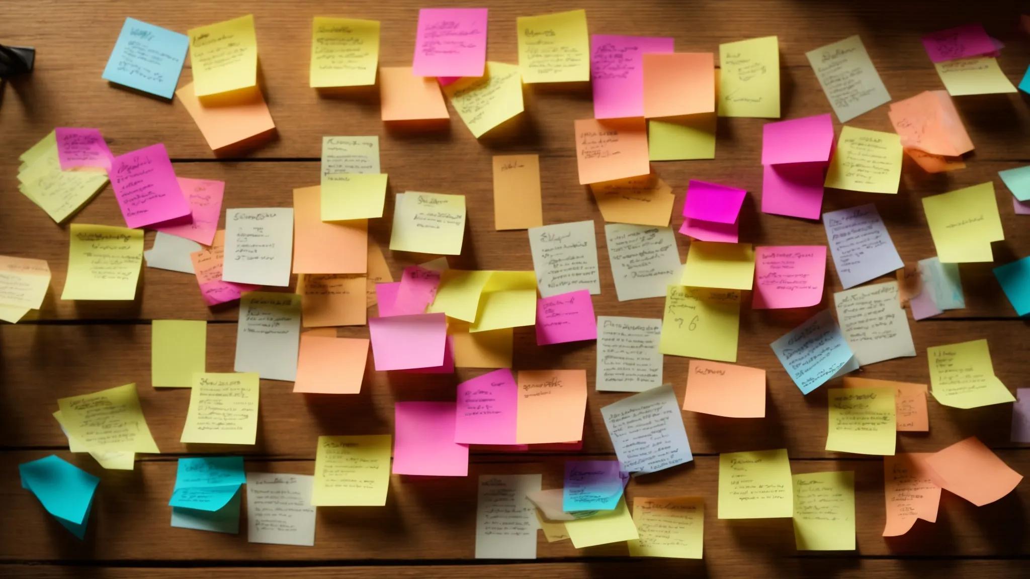 an overhead view of a dynamic brainstorming session with colorful sticky notes and keywords scattered on a sleek wooden table, illuminated by soft, warm lighting, capturing the essence of creative strategy development for niche keywords.