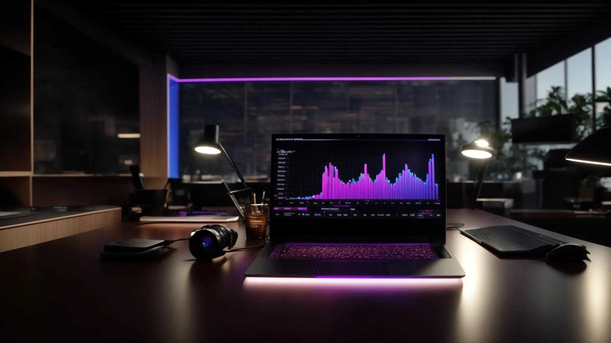 a bold and dynamic workspace features a sleek laptop illuminated by a soft glow, displaying an intricate keyword analytics dashboard, symbolizing strategic success in digital marketing.