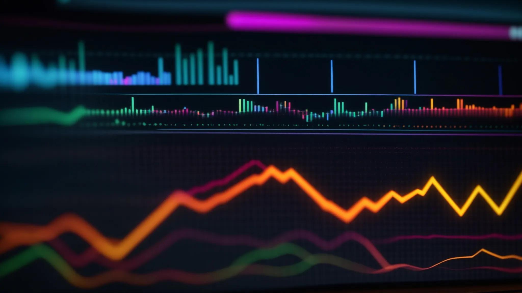 a captivating close-up of a glowing computer screen displaying colorful graphs and hyperlinks, illustrating the process of uncovering backlinks in google analytics, illuminated by soft, focused lighting to enhance the digital ambiance.