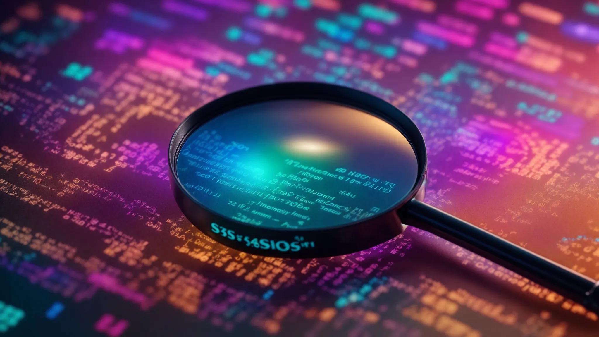 a captivating close-up of a glowing magnifying glass hovering over a digital screen filled with vibrant, colorful keyword clouds, symbolizing the discovery of competitors' hidden strategies.