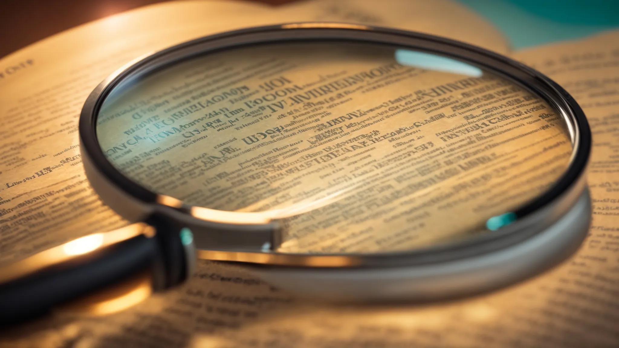 a dramatic close-up of a magnifying glass resting on a vibrant, illuminated keyword list, symbolizing the pursuit of uncovering competitors' secrets in a dynamic, competitive landscape.