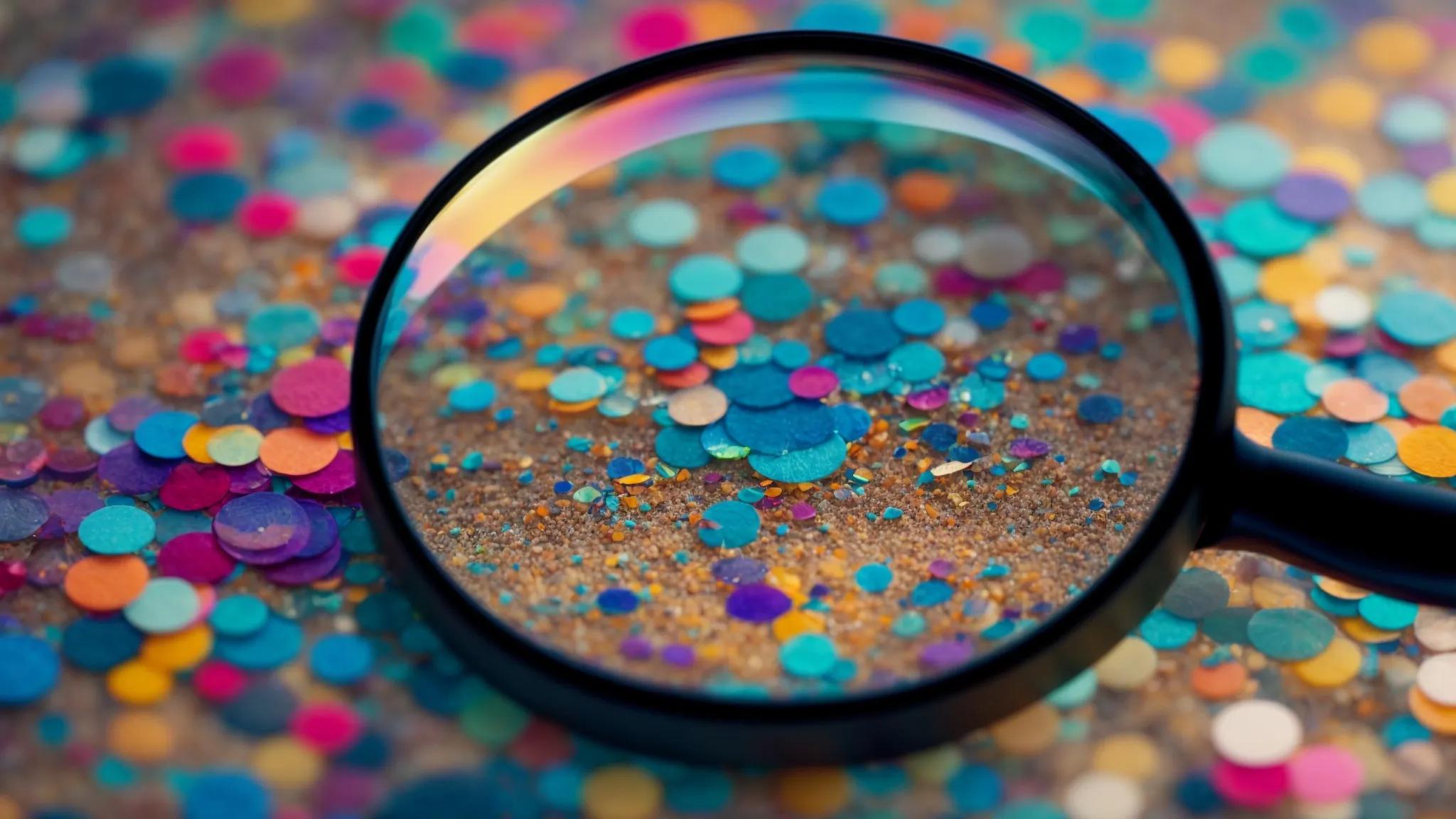 a dynamic close-up of a magnifying glass hovering over a vibrant digital landscape filled with colorful keyword tags, representing the search for competitors' secrets in an analytical and modern context.