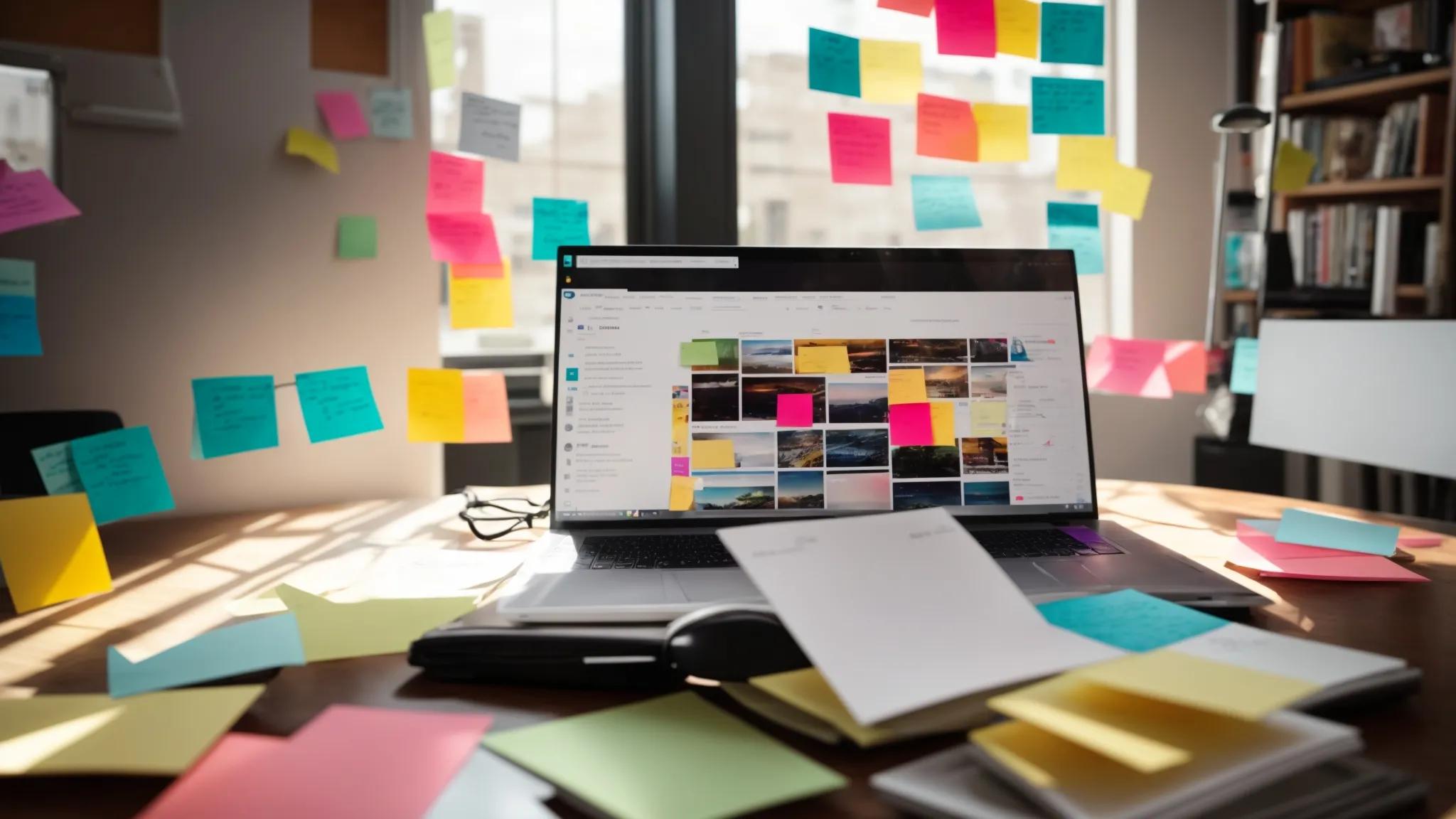 a dynamic workspace featuring an open laptop surrounded by vibrant sticky notes and colorful charts, symbolizing the creativity and innovation behind white label keyword research strategies, illuminated by soft, natural light streaming through a large window.