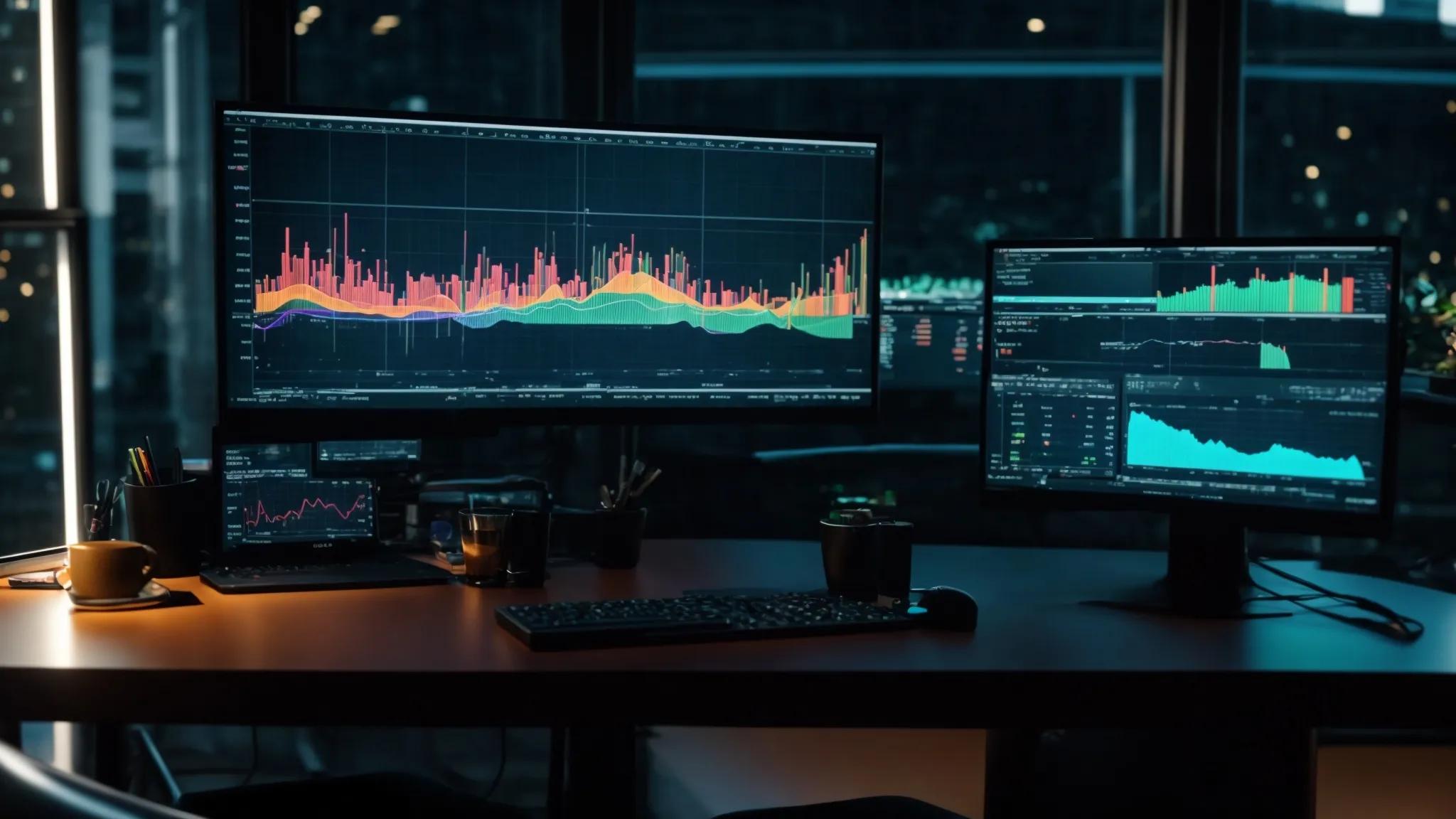 a dynamic workspace filled with glowing computer screens displaying vibrant graphs and analytics, capturing the essence of a successful seo analysis.