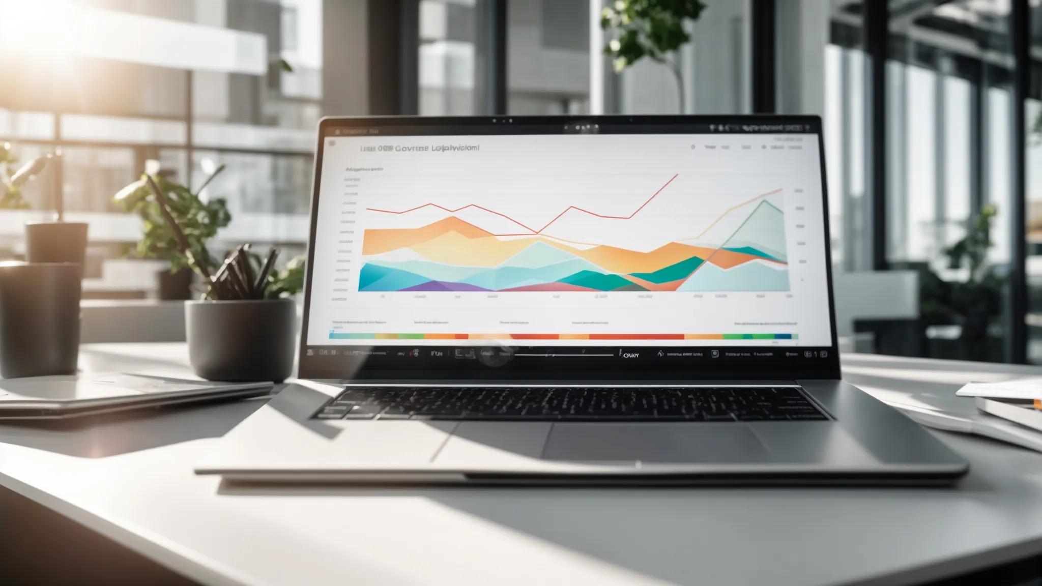 a dynamic workspace illuminated by natural light features a sleek laptop surrounded by vibrant graphs and charts, symbolizing the power of white label keyword research strategies for unlocking success.