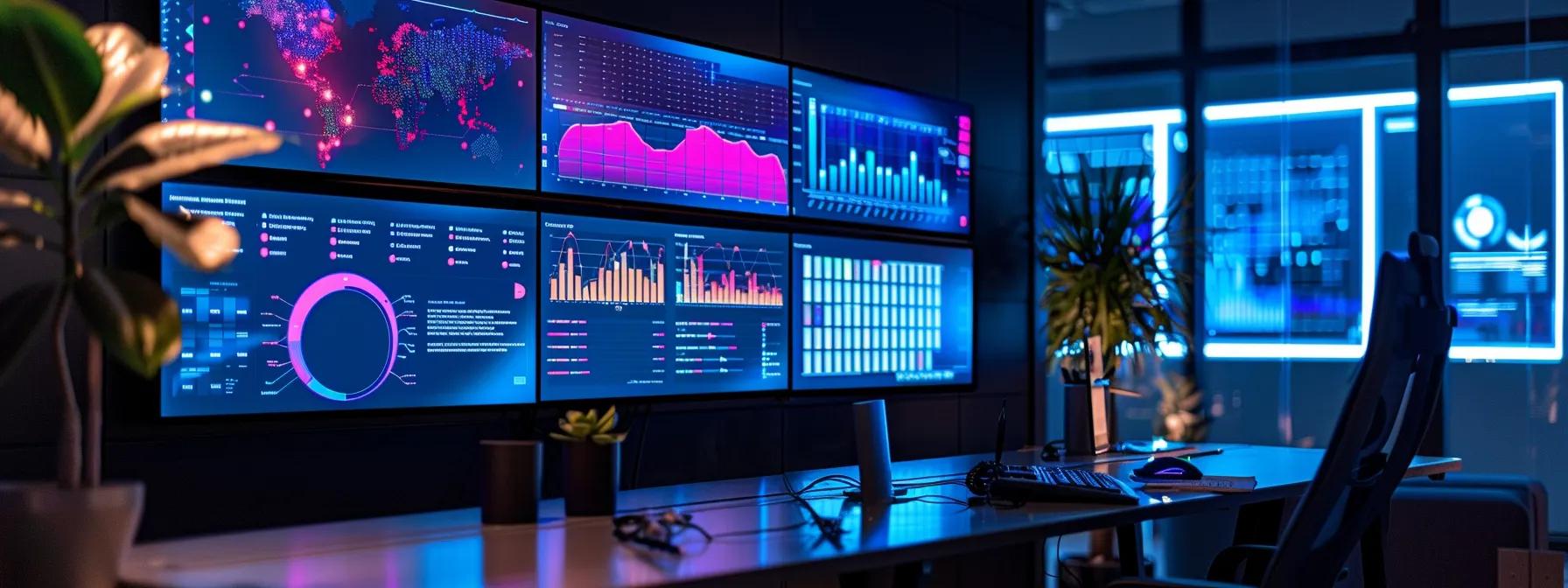 a dynamic and engaging workspace featuring a large screen displaying vibrant data visualizations and strategic keywords, illuminated by soft ambient lighting that evokes creativity and focus on mastering seo through a powerful cluster content strategy.