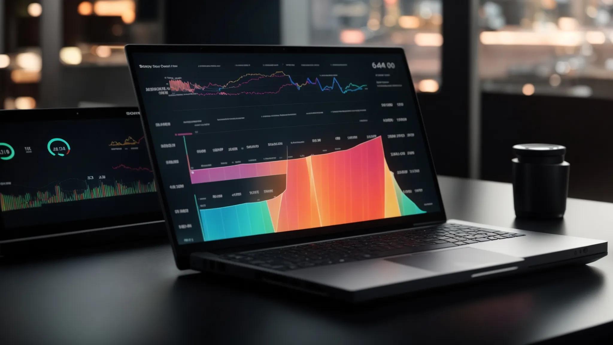 showcase a dynamic workspace with a sleek laptop displaying vibrant graphs and analytics, illuminated by soft natural light, symbolizing the pursuit of seo success.