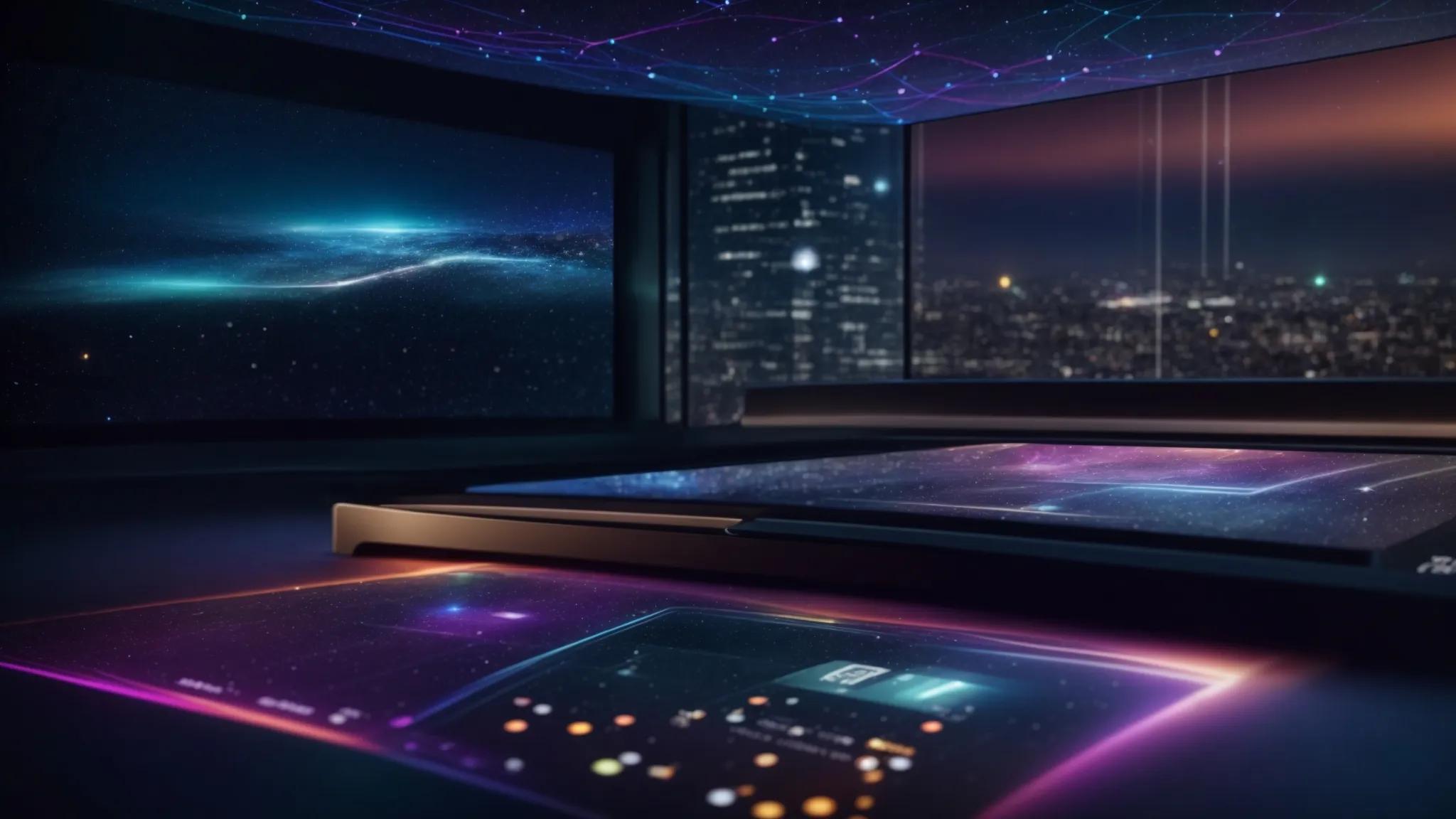 a sleek, futuristic digital interface glows with vibrant colors, showcasing a seamless flow of interconnected data points and insights, set against a backdrop of a starry night sky symbolizing limitless possibilities.