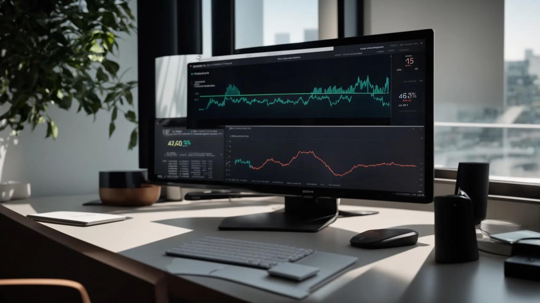 a sleek, modern workspace illuminated by soft, natural light showcases a minimalist computer screen displaying vibrant graphs and analytics, symbolizing the ease of discovering backlinks in google analytics.