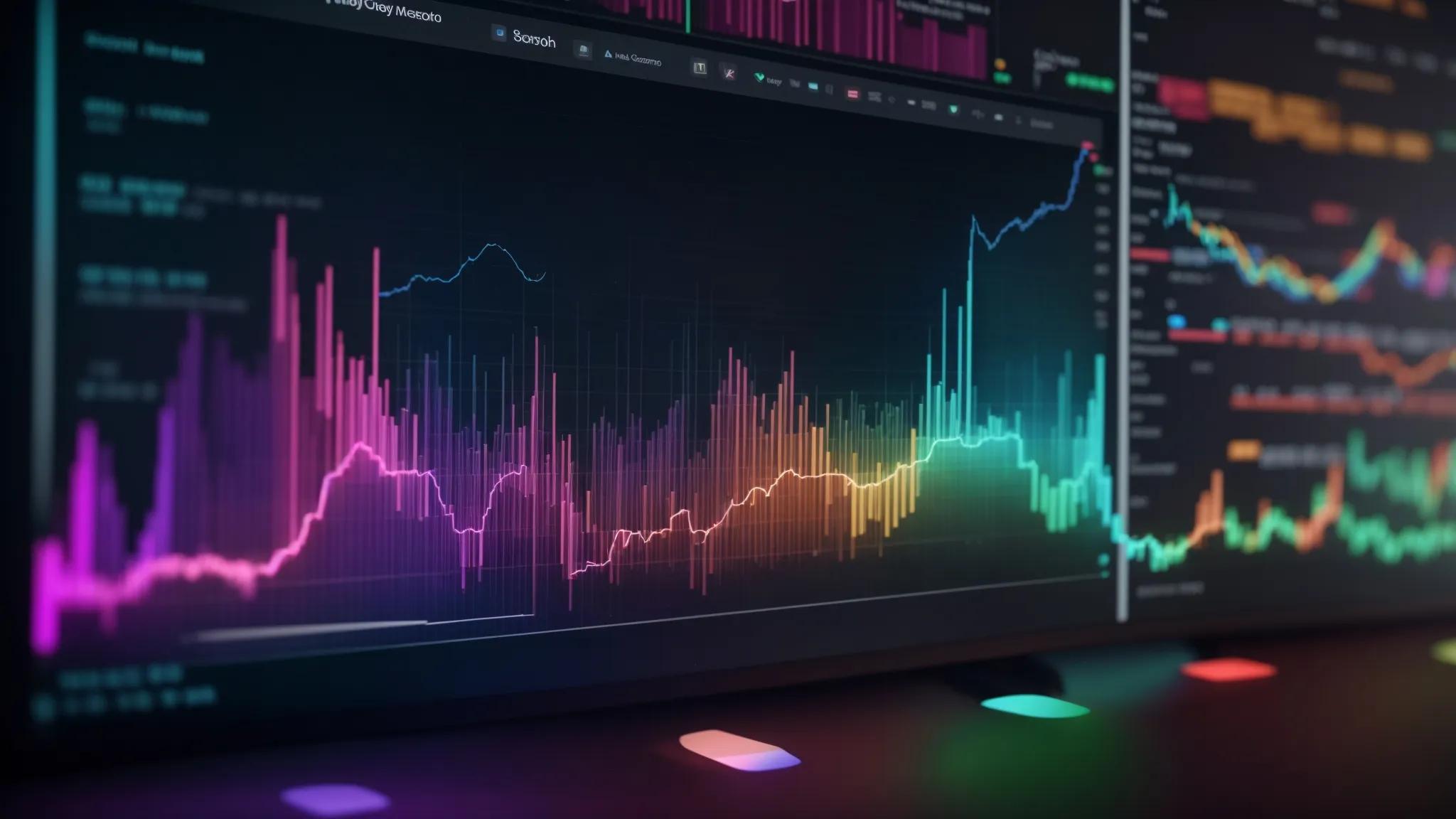 a vibrant close-up of a computer screen displaying colorful, analytical graphs and keyword data from google search console, illuminated by natural light, symbolizing the mastery of keyword research.