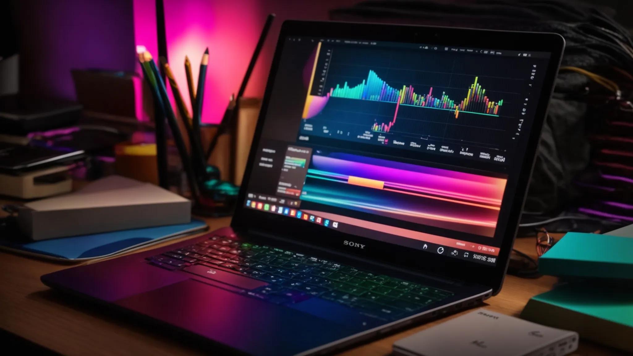 a vibrant desk scene featuring an open laptop with a visually appealing graph illustrating seo performance, surrounded by colorful stationery and a glowing light source that enhances a sense of productivity and focus.