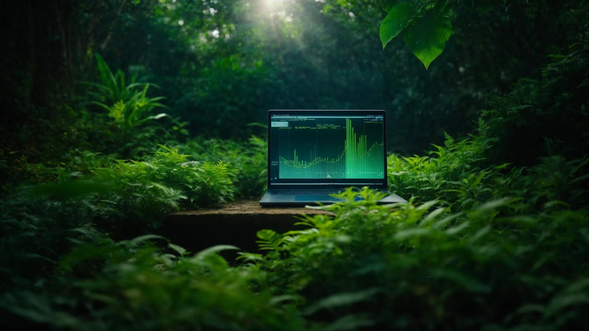 a vibrant digital landscape depicting a glowing computer screen surrounded by lush greenery, symbolizing the growth and potential of uncovering low competition keywords for seo success.