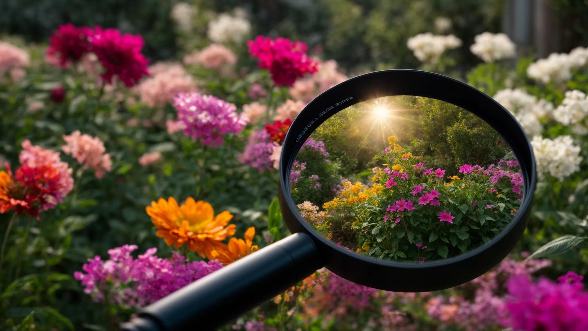 a vibrant digital landscape showcases a luminous magnifying glass over a thriving garden of keywords, symbolizing the discovery of low competition opportunities for seo success.