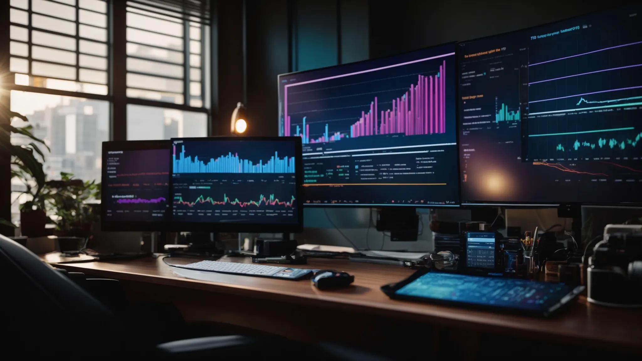 a vibrant, focused workspace features a glowing computer screen displaying intricate graphs and charts of keyword research strategies, symbolizing the unlocking of success in digital marketing.