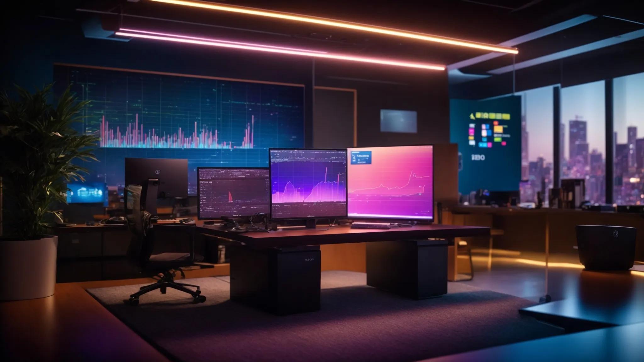 a vibrant, futuristic workspace illuminated by a soft glow, featuring a sleek computer monitor displaying colorful graphs and analytics, symbolizing the dynamic world of seo analysis and digital success.