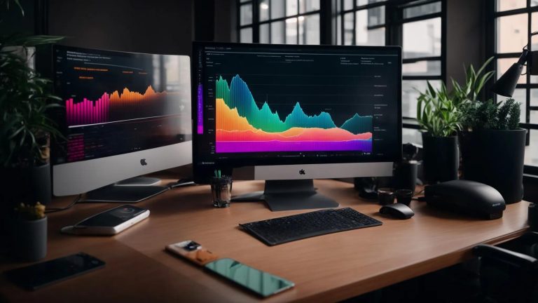 a vibrant, illuminated seo-focused workspace showcases a large computer screen displaying a colorful graph, symbolizing digital success and strategy, with a sleek, modern desk setup in the foreground.