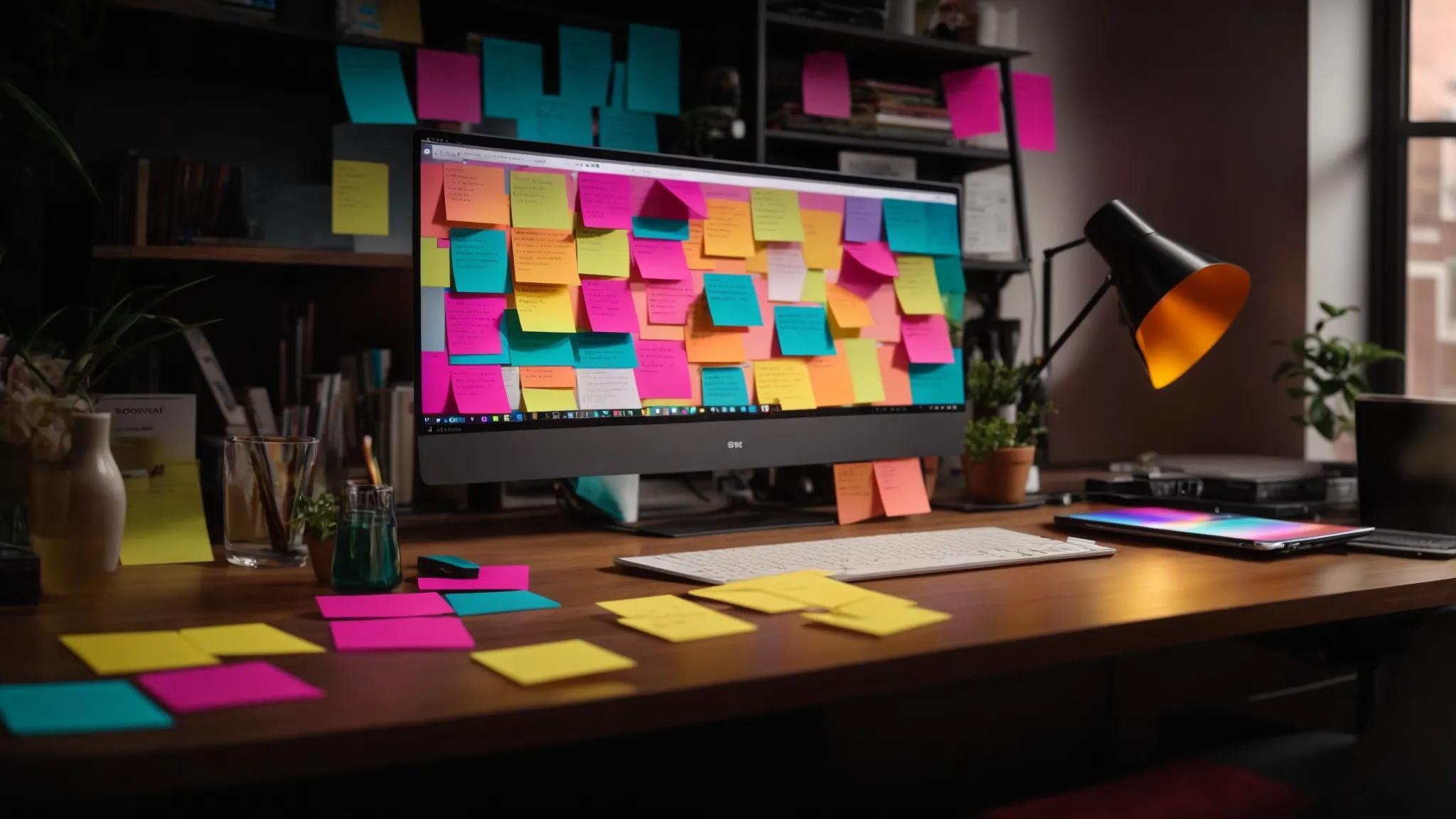 a vibrant, illuminated workspace showcases a sleek laptop surrounded by colorful sticky notes and a notepad filled with keywords, symbolizing strategic seo planning for success.