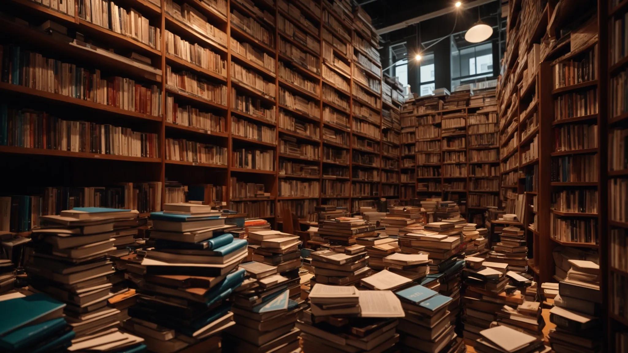 a vibrant, professional workspace filled with cascading stacks of books and digital devices, symbolizing the intricate process of citation building and its critical importance in research.