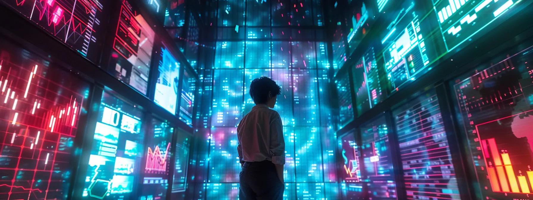 a captivating scene depicting a person immersed in a vibrant digital environment, surrounded by colorful charts and data visualizations illustrating trends and insights, symbolizing the innovative use of ai tools in content writing and marketing strategies.