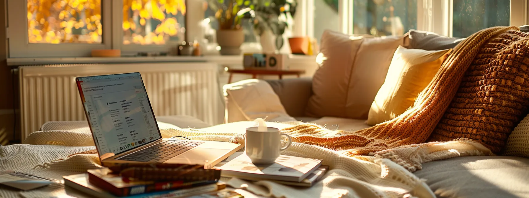 a cozy, sunlit living room filled with home-buying essentials like an open laptop, a coffee mug, and a stack of informative brochures, symbolizing the journey of first-time homebuyers preparing for their new beginning.