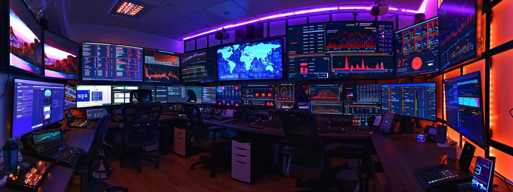 a dynamic and organized workspace filled with digital screens displaying vibrant graphs and analytics, symbolizing the essential steps of a comprehensive technical seo audit.