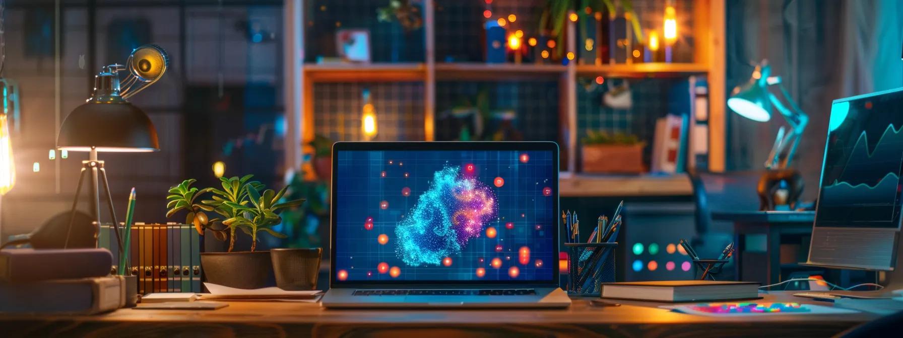 a dynamic digital marketing workspace, showcasing a glowing laptop screen displaying creative content ideas generated by ai, surrounded by sleek marketing tools and vibrant brainstorming materials that symbolize the fusion of technology and strategy.