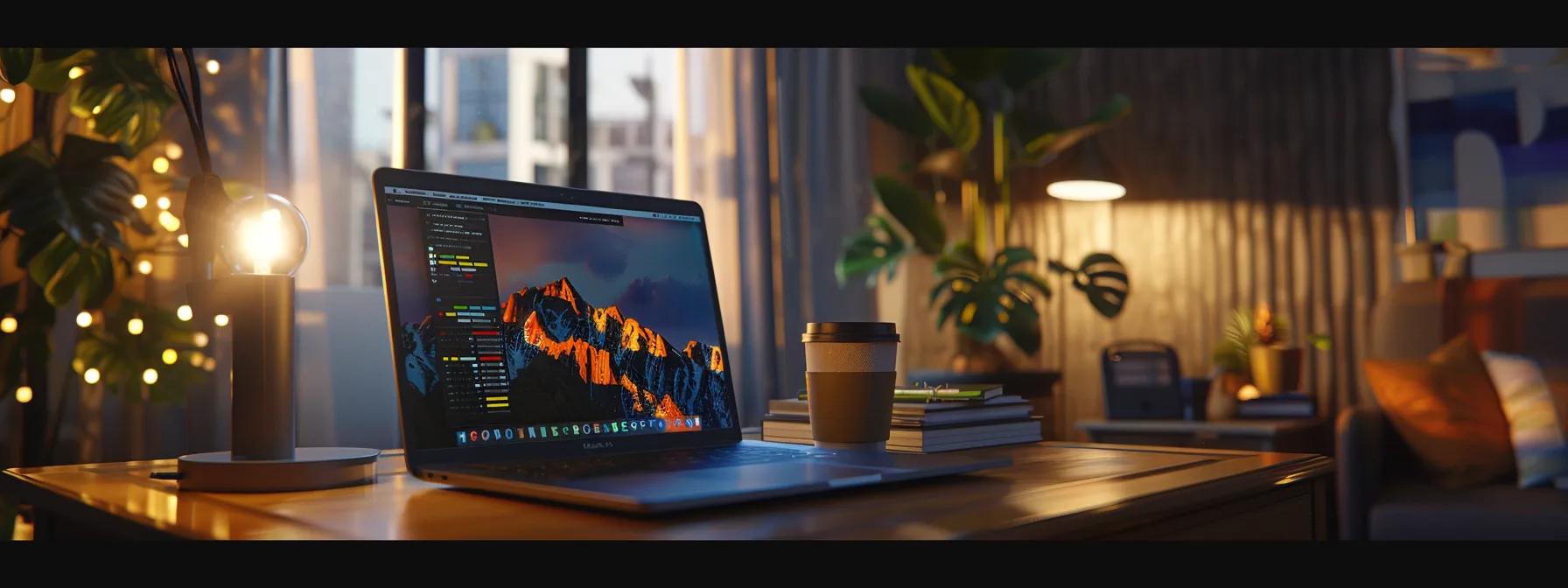 a dynamic office workspace features a laptop displaying vibrant visualizations of seo analytics and chatgpt's interface, bathed in soft natural light, symbolizing efficiency and innovation in content creation.