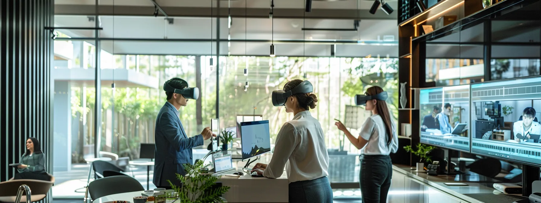 a futuristic real estate office bustling with activity, showcasing a virtual reality property tour on sleek headsets, vivid digital screens displaying market analytics, and agents engaging with clients over polished smart devices, all illuminated by bright, natural light filtering through expansive windows.