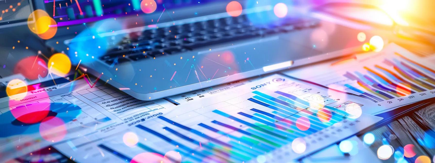 a high-contrast image of a meticulously organized workspace featuring an open laptop displaying graphs and data analytics, surrounded by color-coded folders and seo report documents, illuminated by soft, focused natural light.