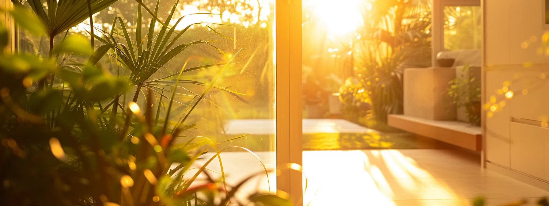 a modern eco-friendly home seamlessly integrates energy-efficient materials and native landscaping, bathed in warm, golden sunlight, showcasing sustainable real estate development's harmonious balance with nature.