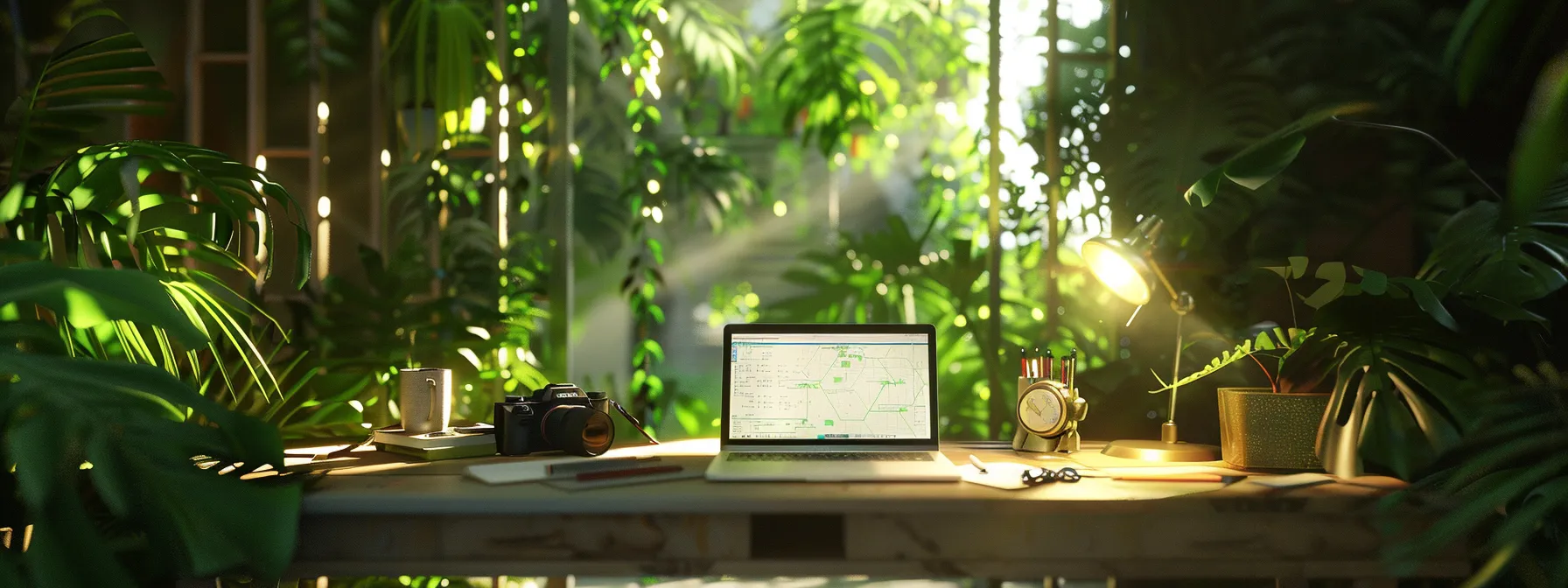 a serene desk setup with a glowing laptop screen displaying a detailed xml sitemap, surrounded by lush greenery and soft, natural light filtering through a nearby window, creating a calm atmosphere for effective problem-solving and optimization.