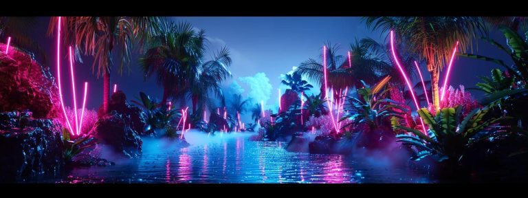 a sleek, futuristic digital landscape illuminated by vibrant neon lights showcases a glowing, interconnected web symbolizing the synergy between ai communication and search engine optimization.