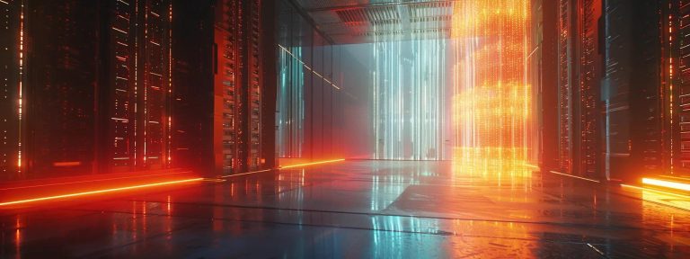 a sleek, futuristic digital landscape showcasing a towering, illuminated server room with data streams flowing rapidly, symbolizing the critical use of a robots.txt file in web management.